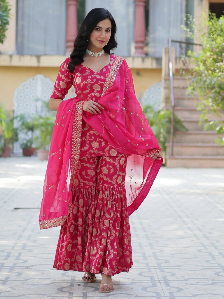 Incredible Pink Zari Weaving Jacquard Sharara Suit With Dupatta