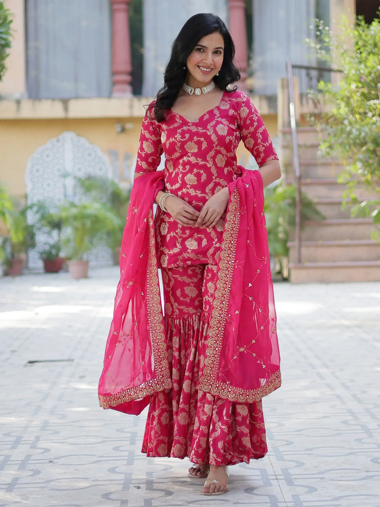 Incredible Pink Zari Weaving Jacquard Sharara Suit With Dupatta