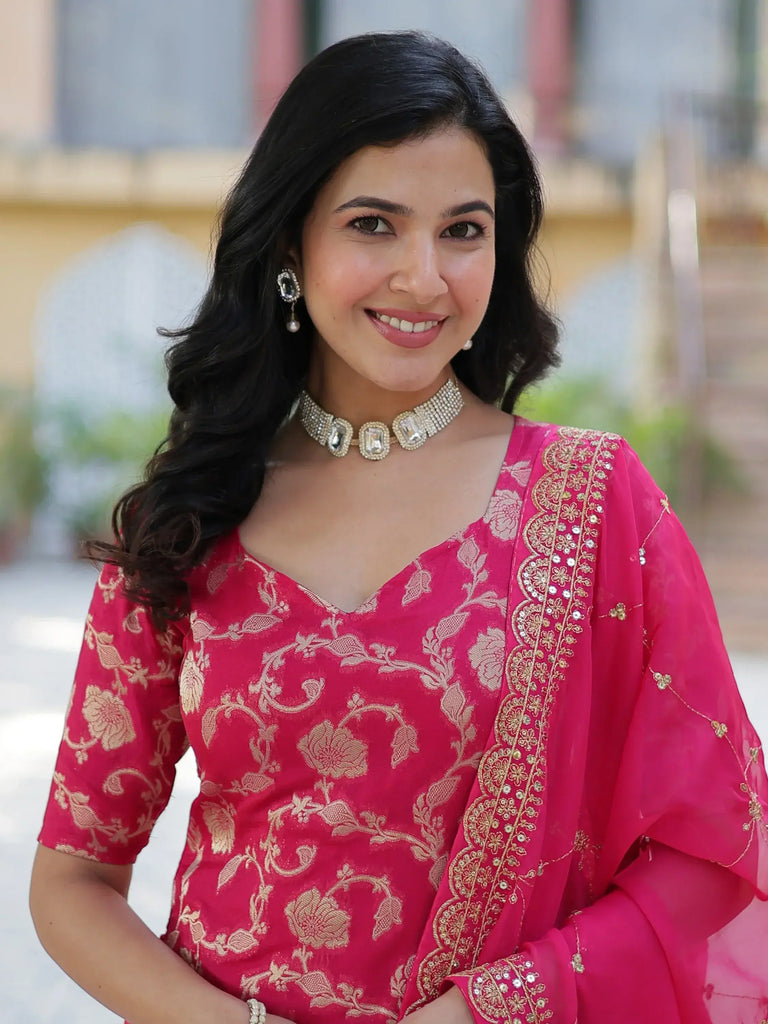 Incredible Pink Zari Weaving Jacquard Sharara Suit With Dupatta