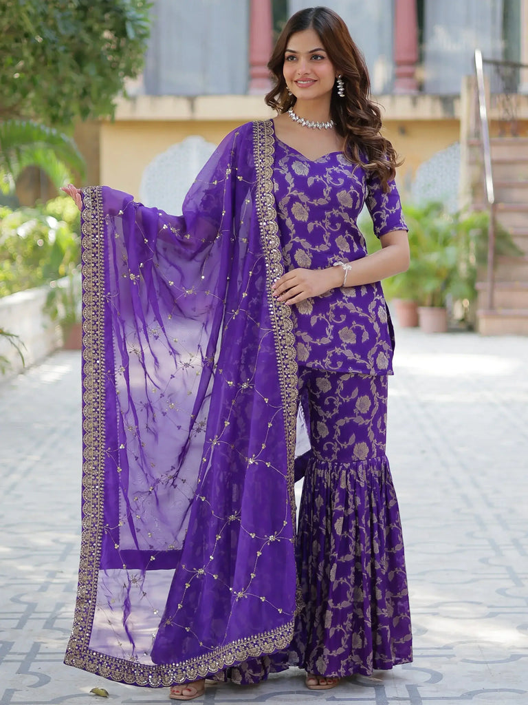 Awesome Purple Zari Weaving Jacquard Festival Wear Sharara Suit