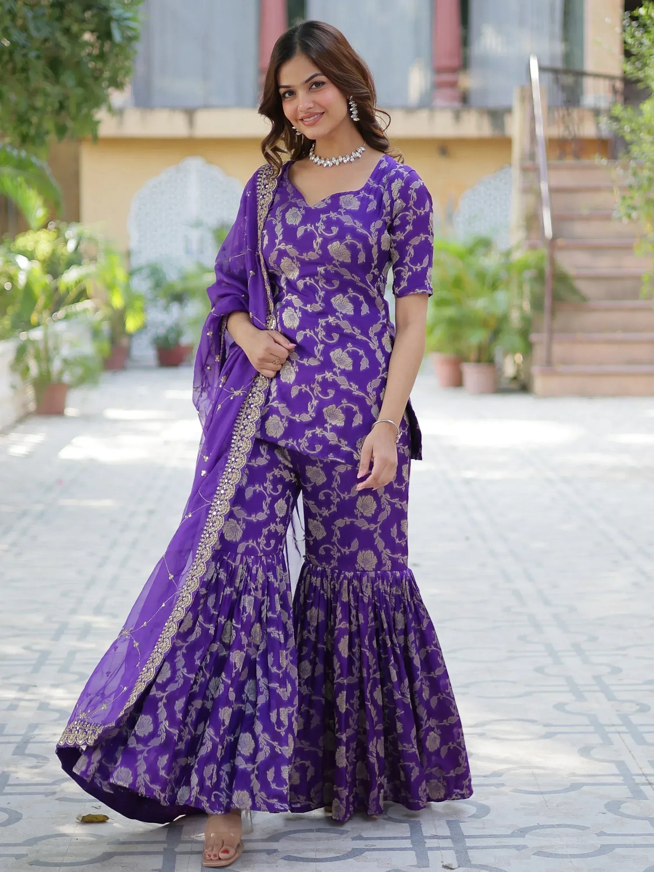 Purple floral print palazzo suit with dupatta, Indian ethnic wear for women