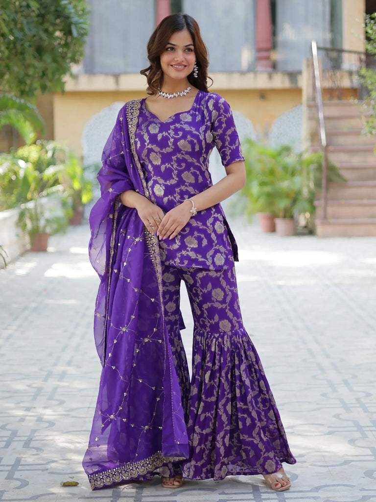 Awesome Purple Zari Weaving Jacquard Festival Wear Sharara Suit