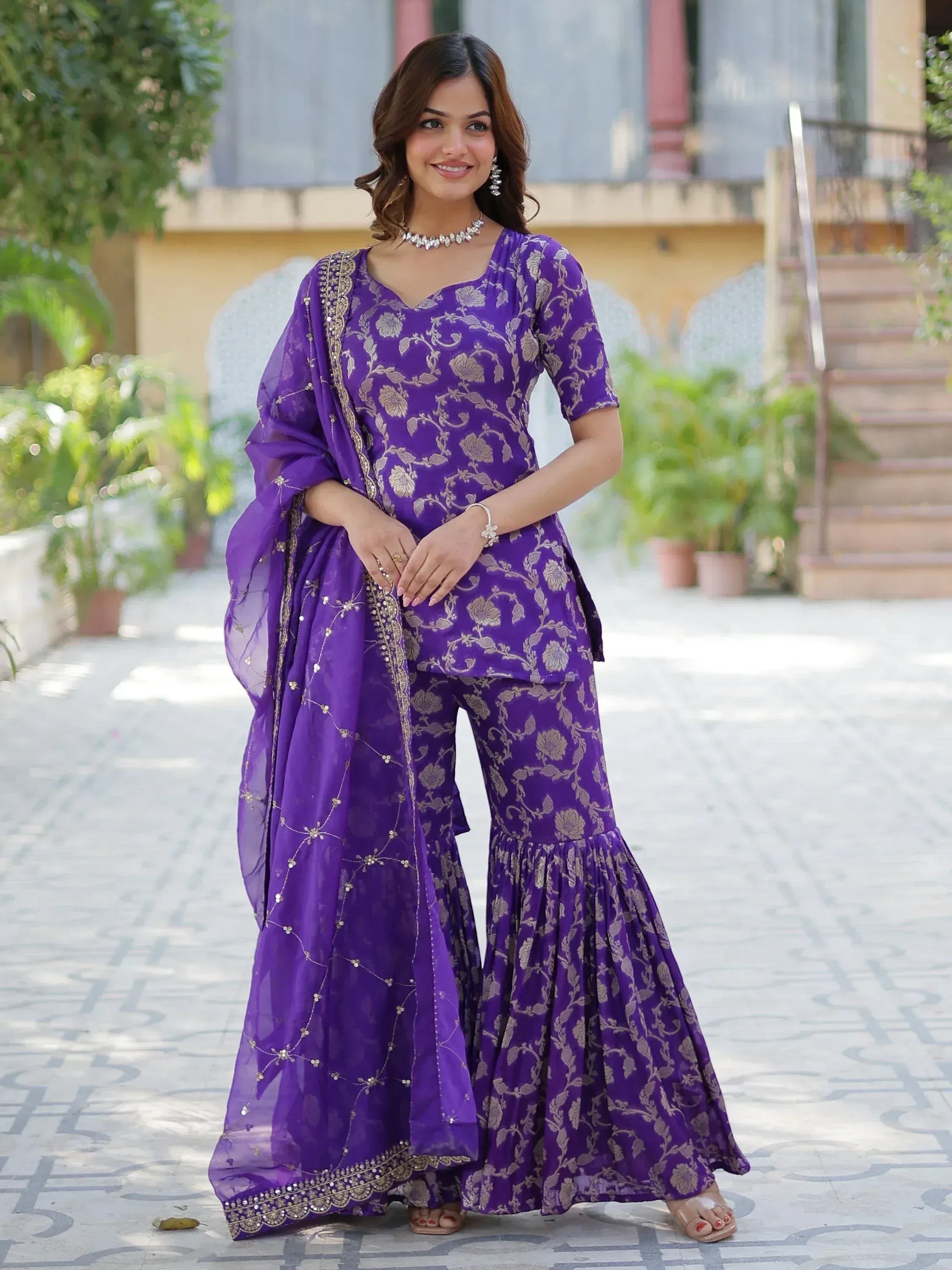 Purple floral print palazzo suit with dupatta, ethnic wear for women