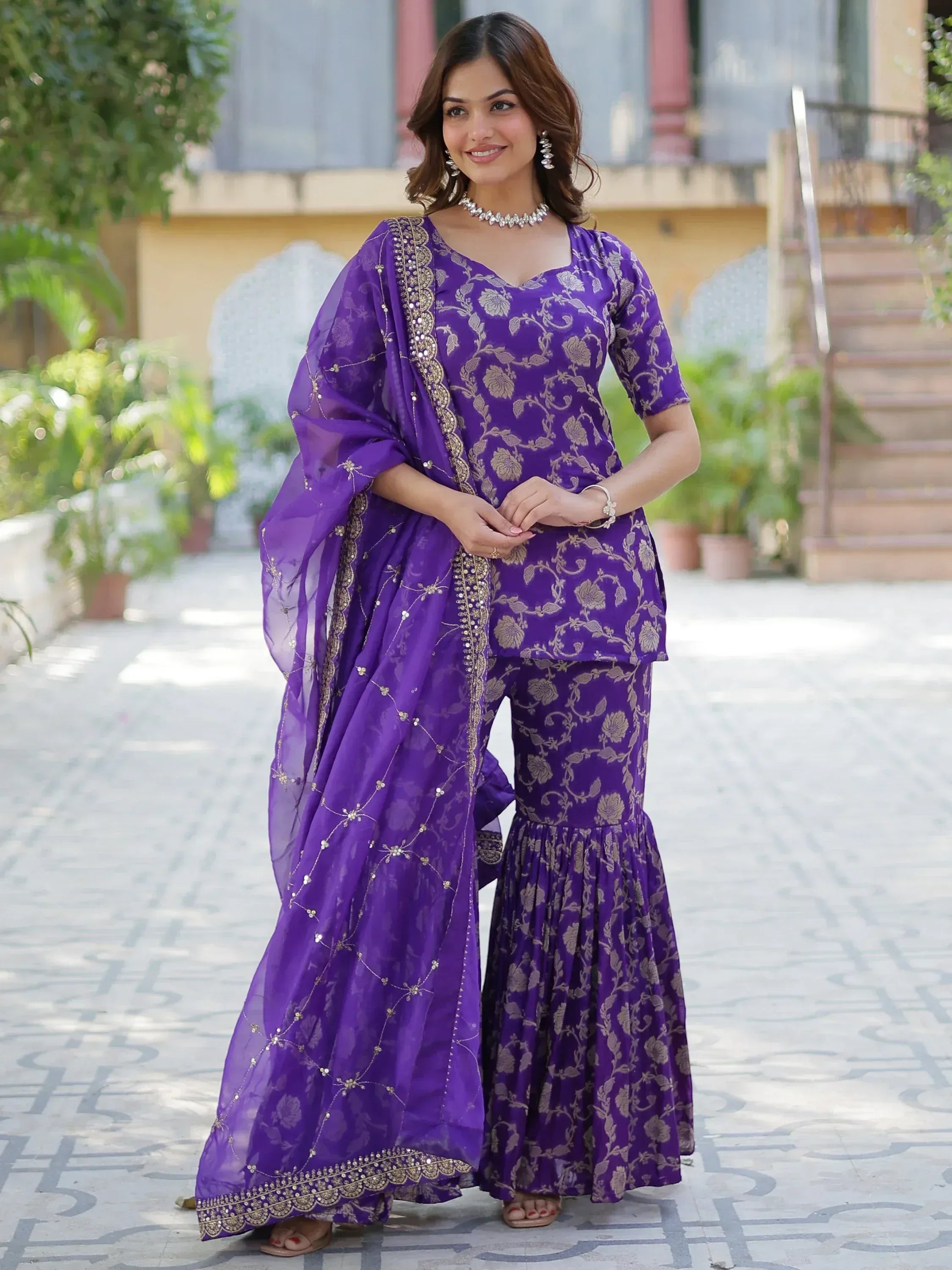 Purple floral print palazzo suit with embroidered dupatta, Indian ethnic wear for women