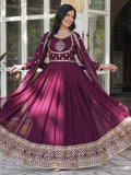Charming Wine Embroidered Georgette Engagement Wear Gown