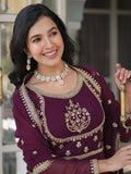 Charming Wine Embroidered Georgette Engagement Wear Gown