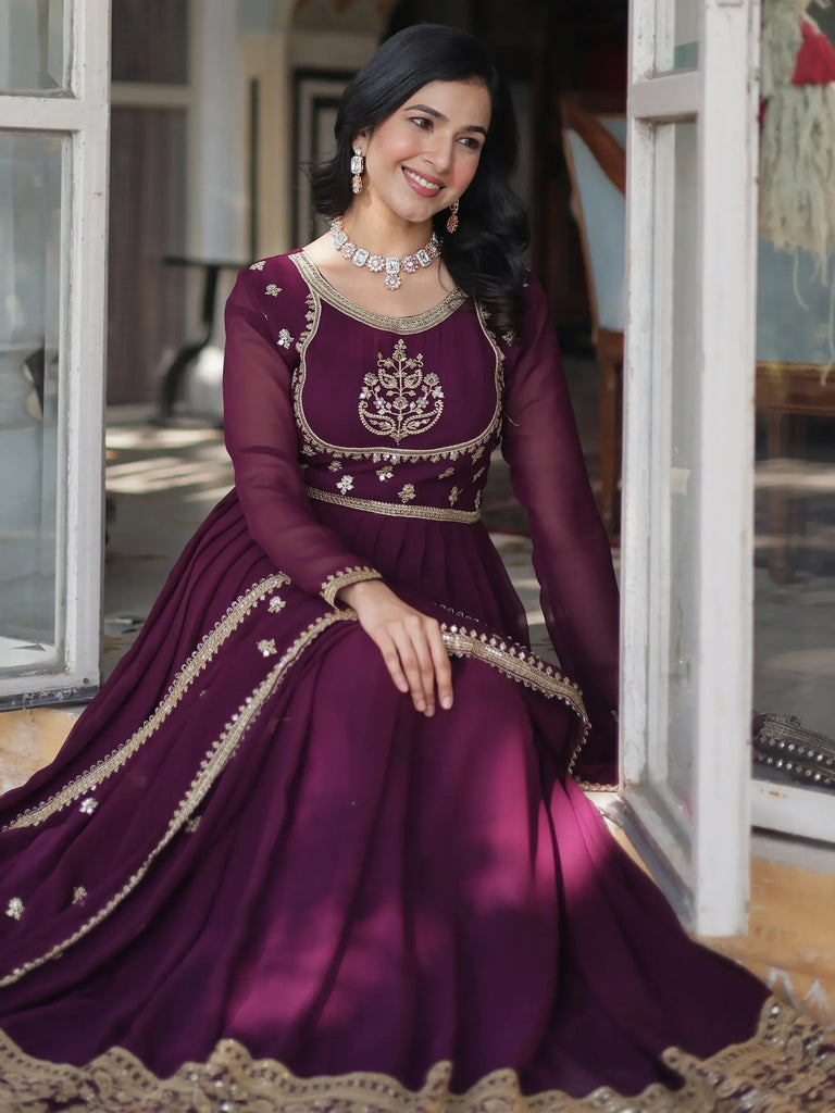 Charming Wine Embroidered Georgette Engagement Wear Gown