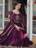 Charming Wine Embroidered Georgette Engagement Wear Gown