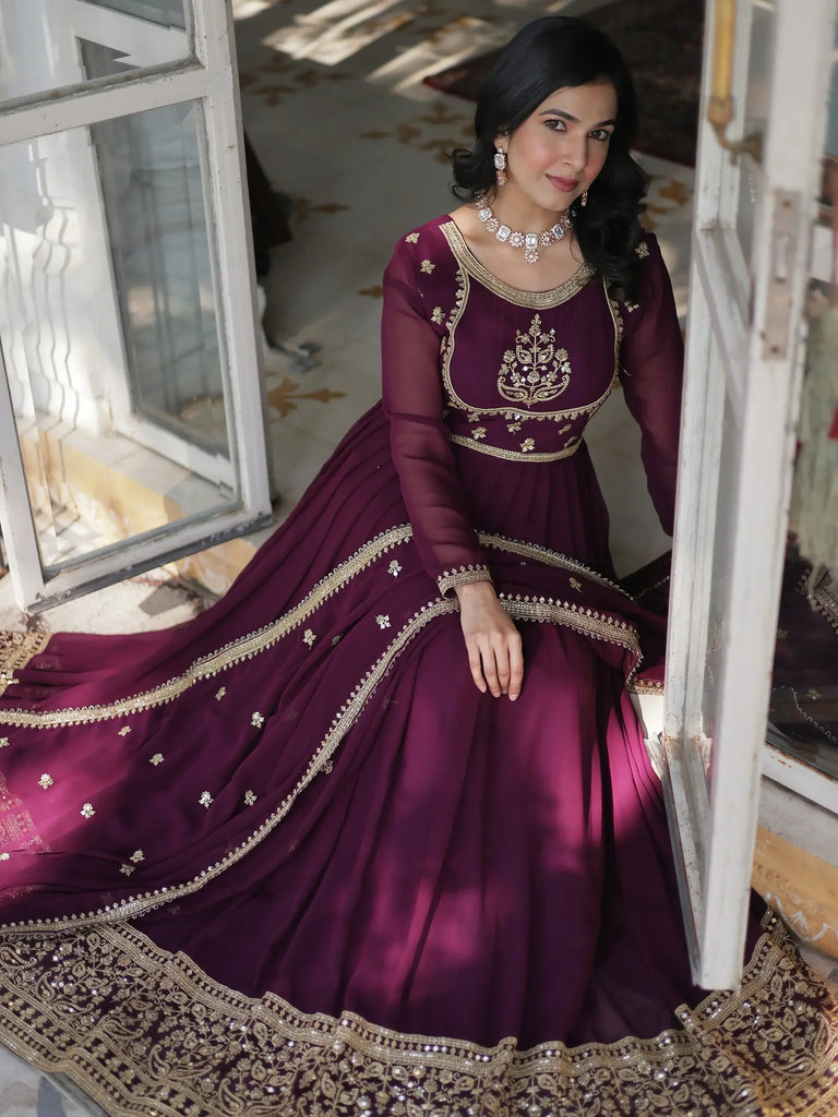 Charming Wine Embroidered Georgette Engagement Wear Gown