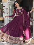 Charming Wine Embroidered Georgette Engagement Wear Gown
