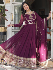 Charming Wine Embroidered Georgette Engagement Wear Gown