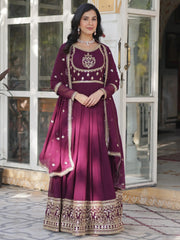 Charming Wine Embroidered Georgette Engagement Wear Gown