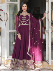 Charming Wine Embroidered Georgette Engagement Wear Gown