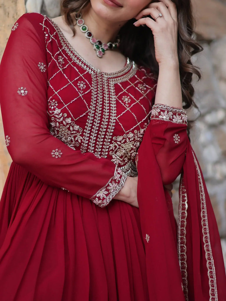 Adorable Maroon Pearl Work Georgette Traditional Gown With Dupatta