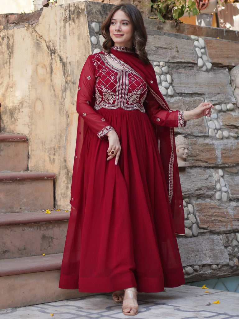 Adorable Maroon Pearl Work Georgette Traditional Gown With Dupatta