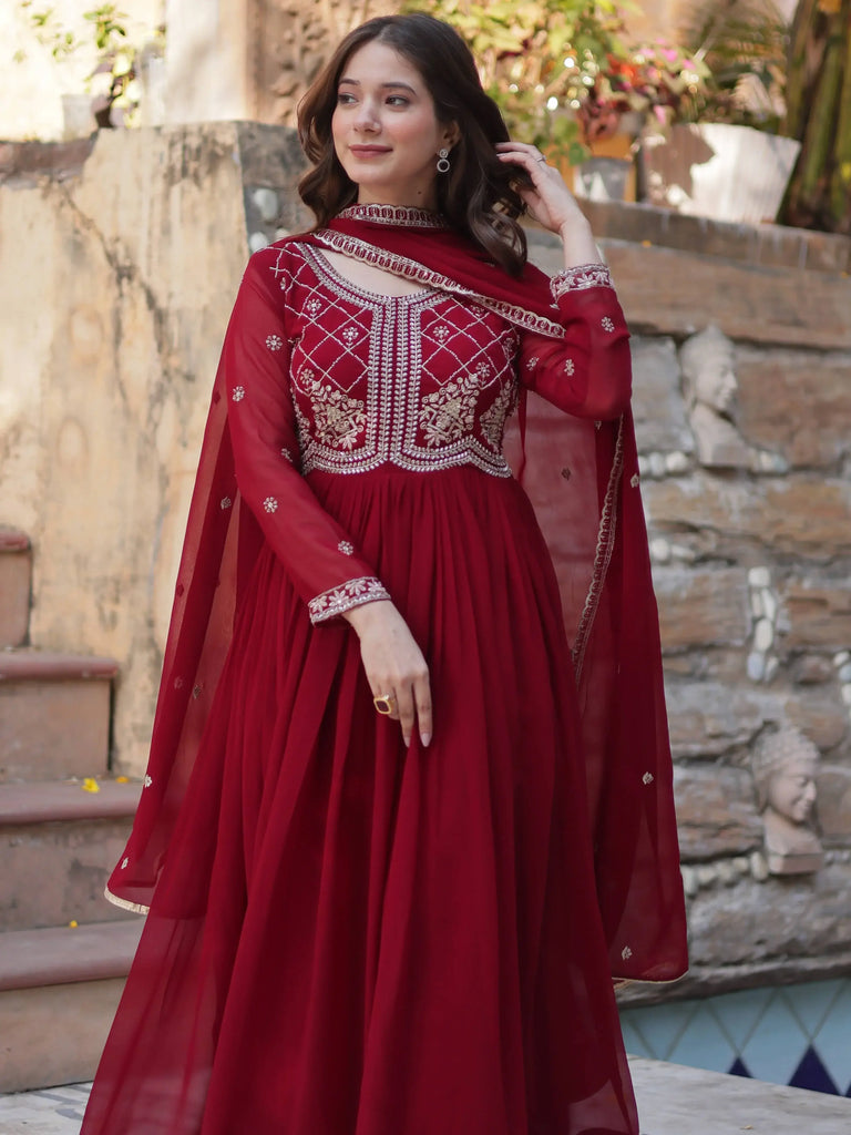 Adorable Maroon Pearl Work Georgette Traditional Gown With Dupatta