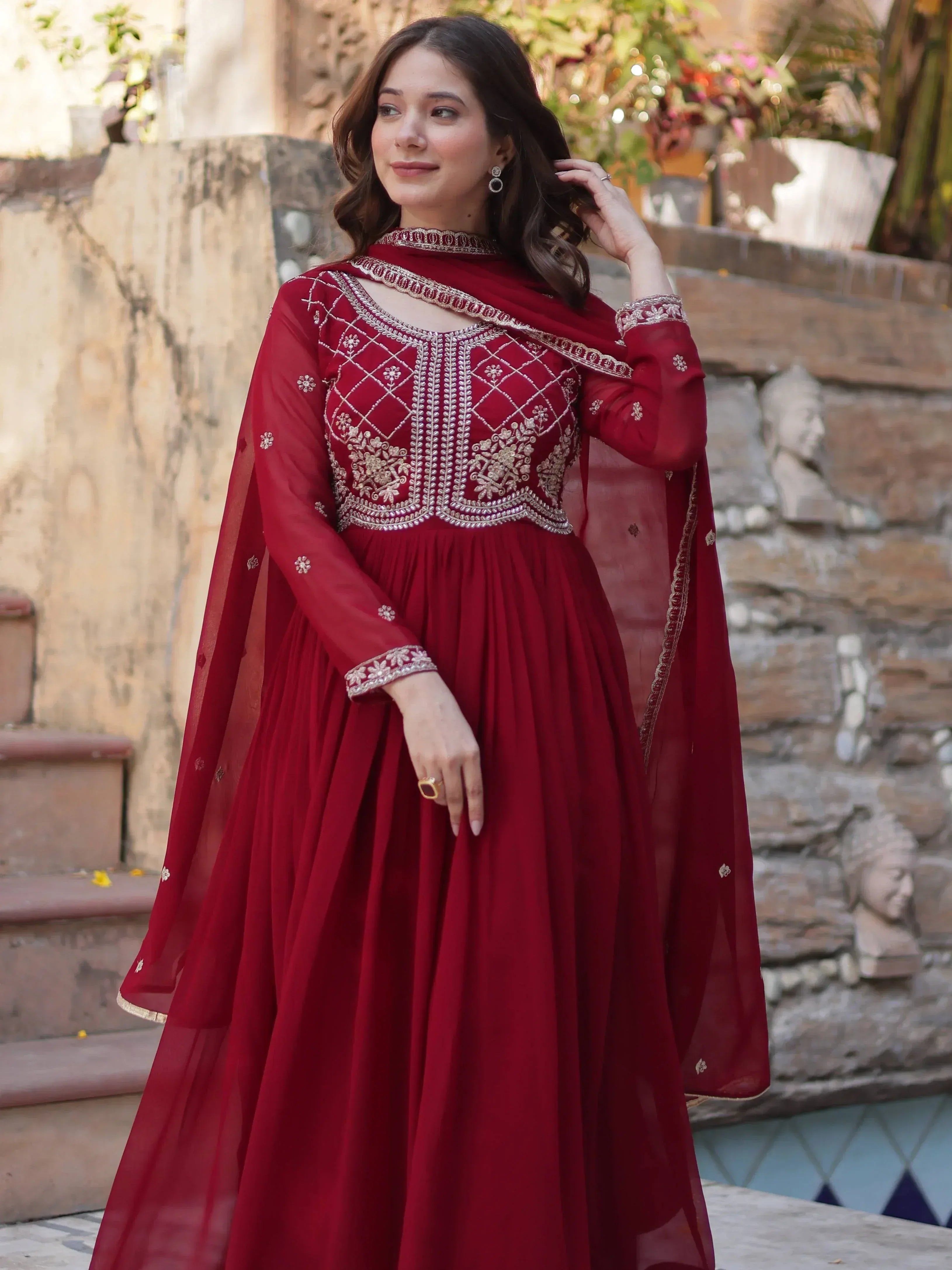 Maroon embroidered anarkali suit with dupatta, Indian ethnic wear for women