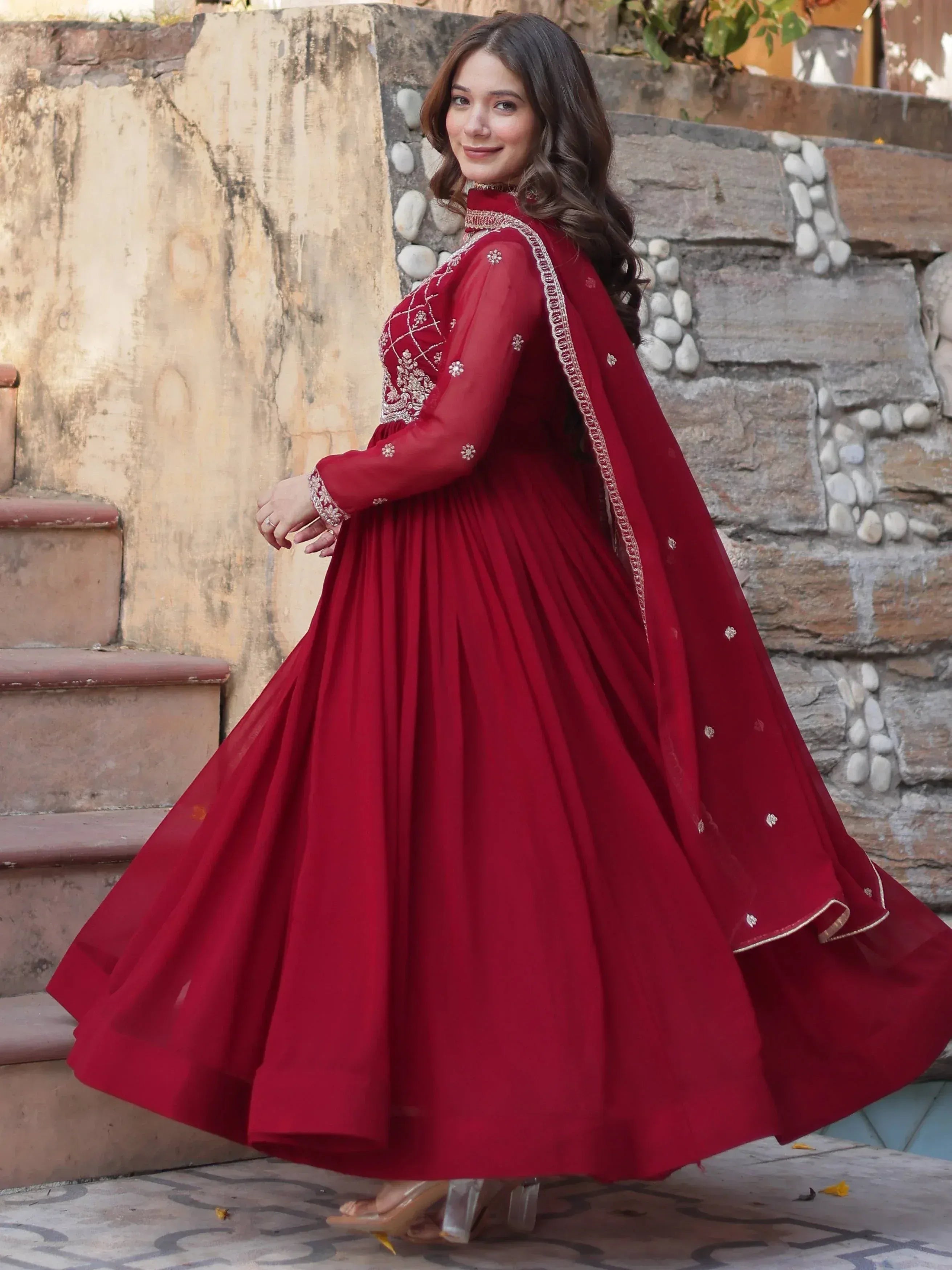 Red embroidered anarkali gown with dupatta, Indian ethnic wear for women