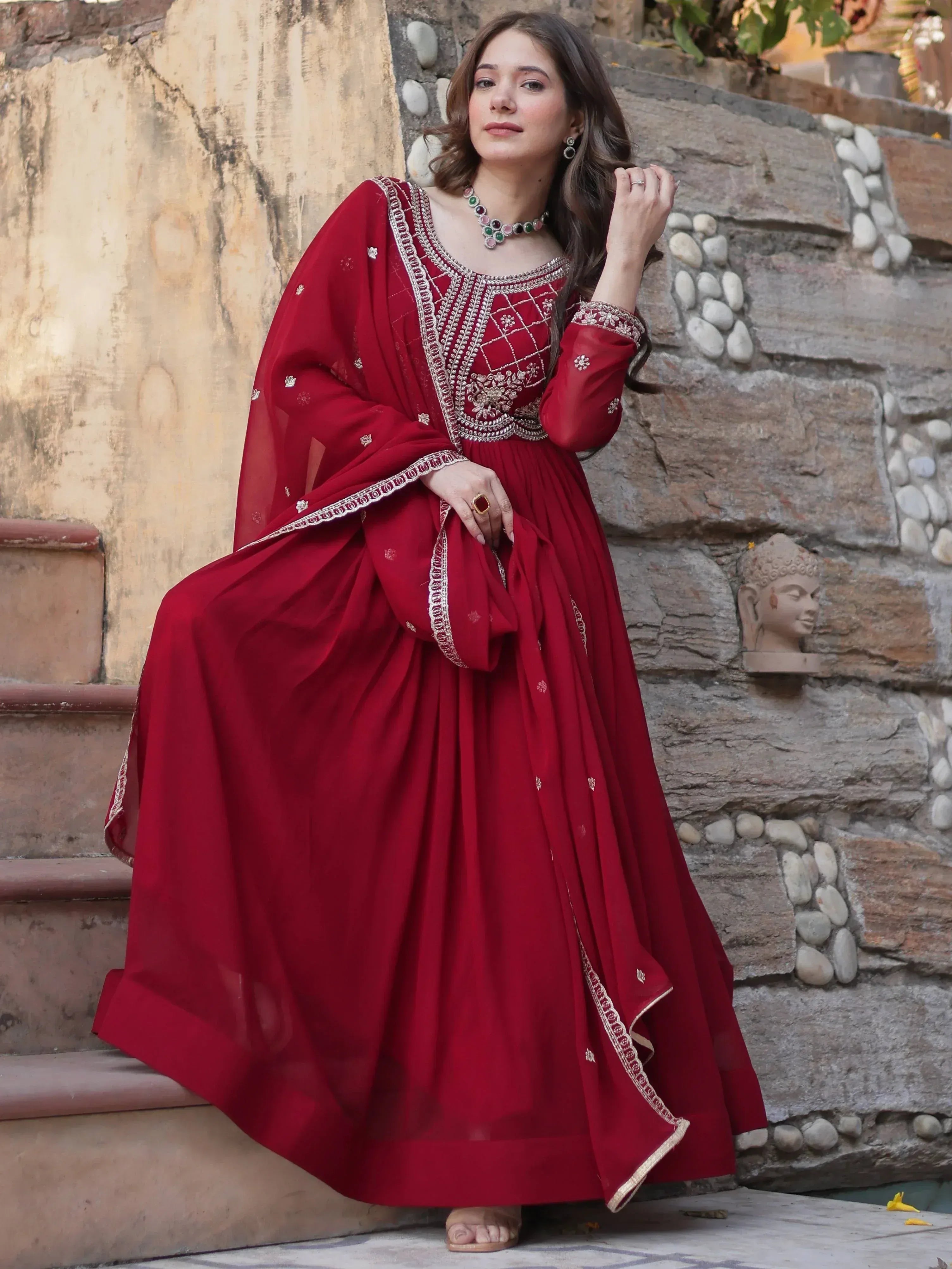 Red embroidered Indian anarkali suit with dupatta, perfect for weddings and festive occasions