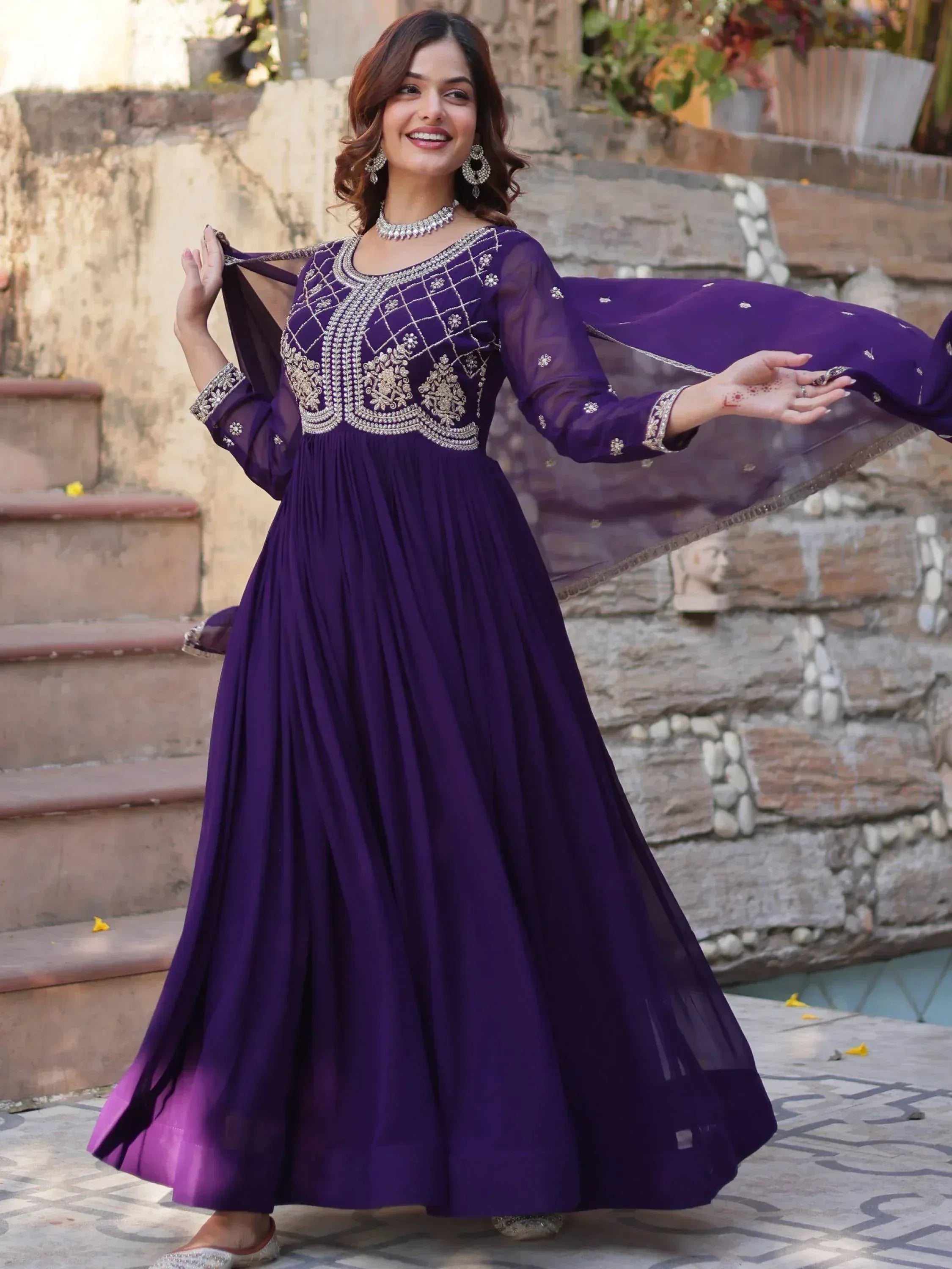 Purple embroidered anarkali gown with dupatta, Indian ethnic wear for women