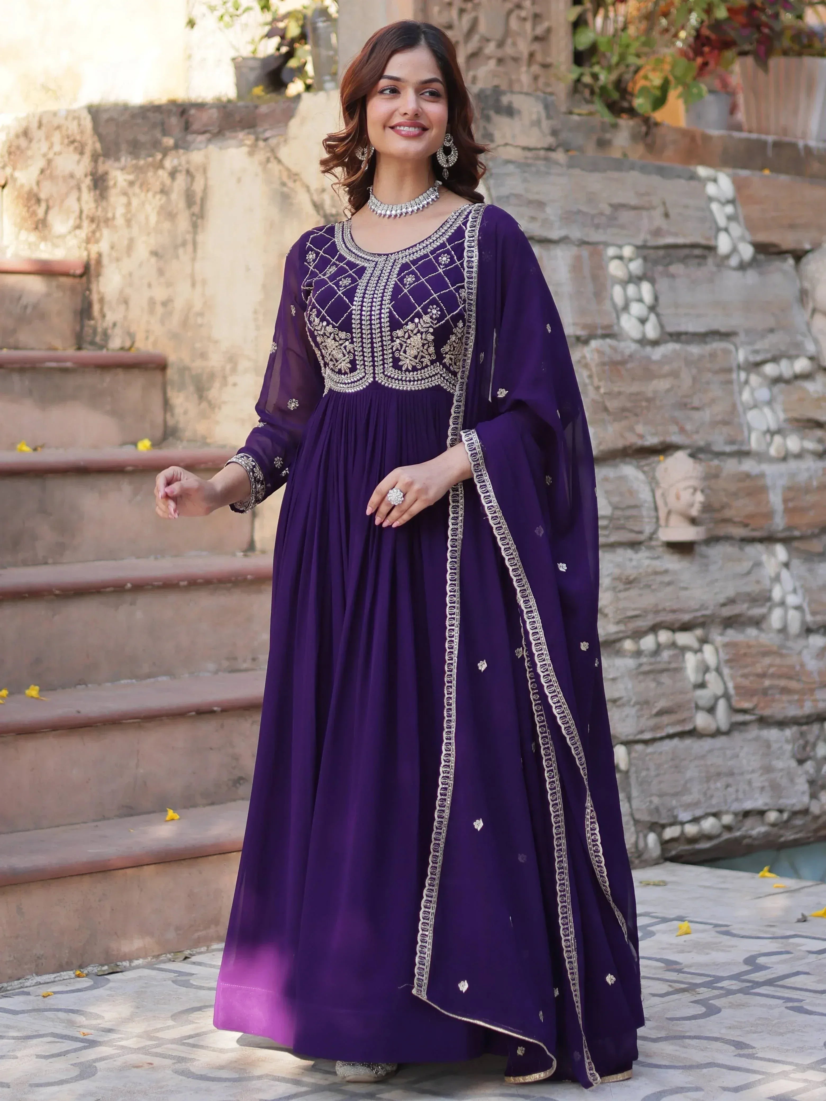 Purple embroidered anarkali suit with gold detailing, perfect for Indian ethnic occasions