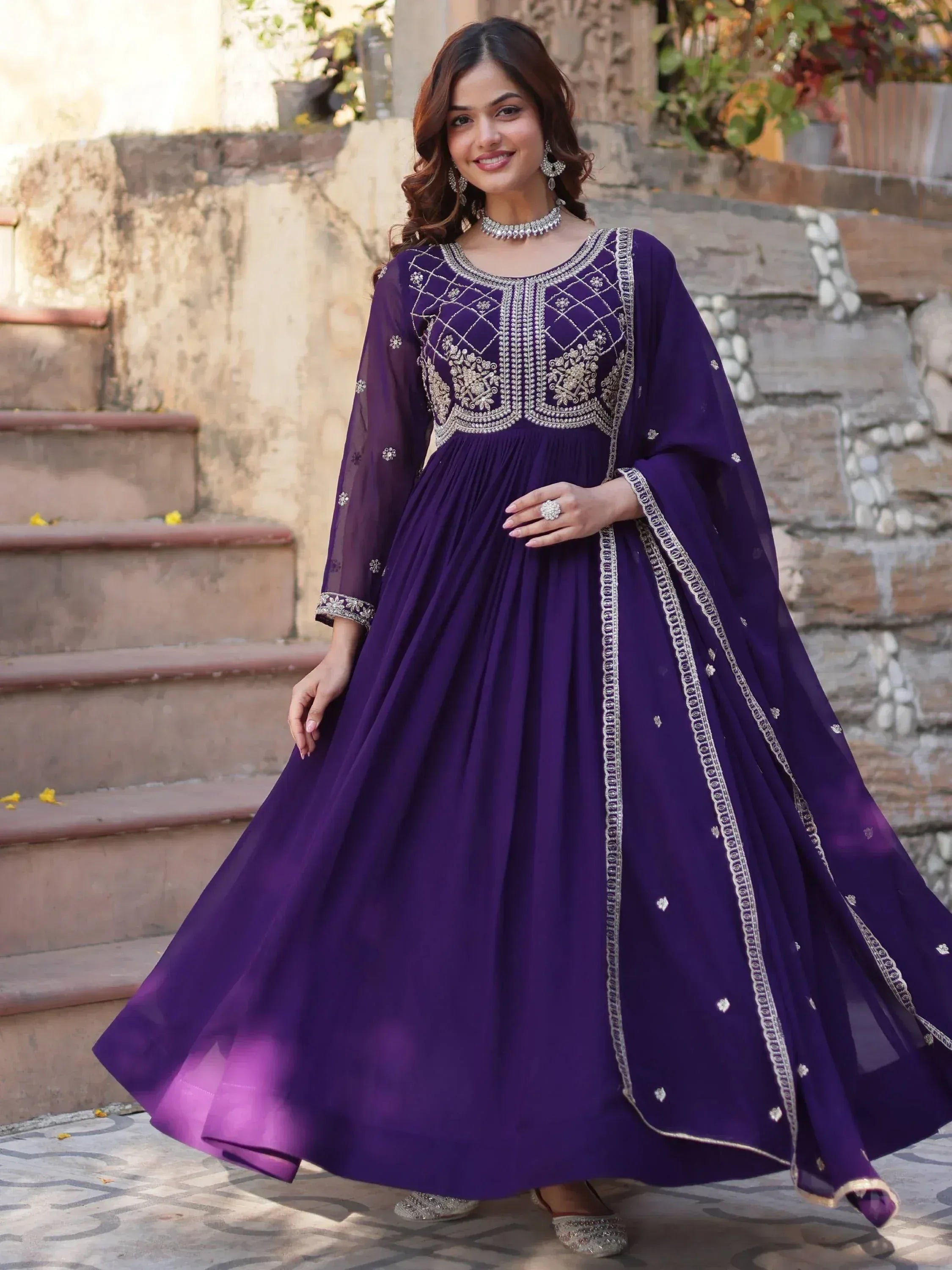 Purple embroidered anarkali gown with silver detailing, perfect for Indian ethnic occasions