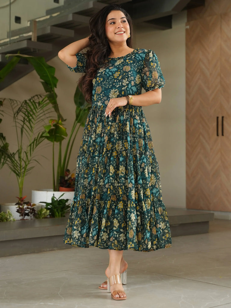 Glamorous Green Floral Printed Georgette Casual Wear Dress