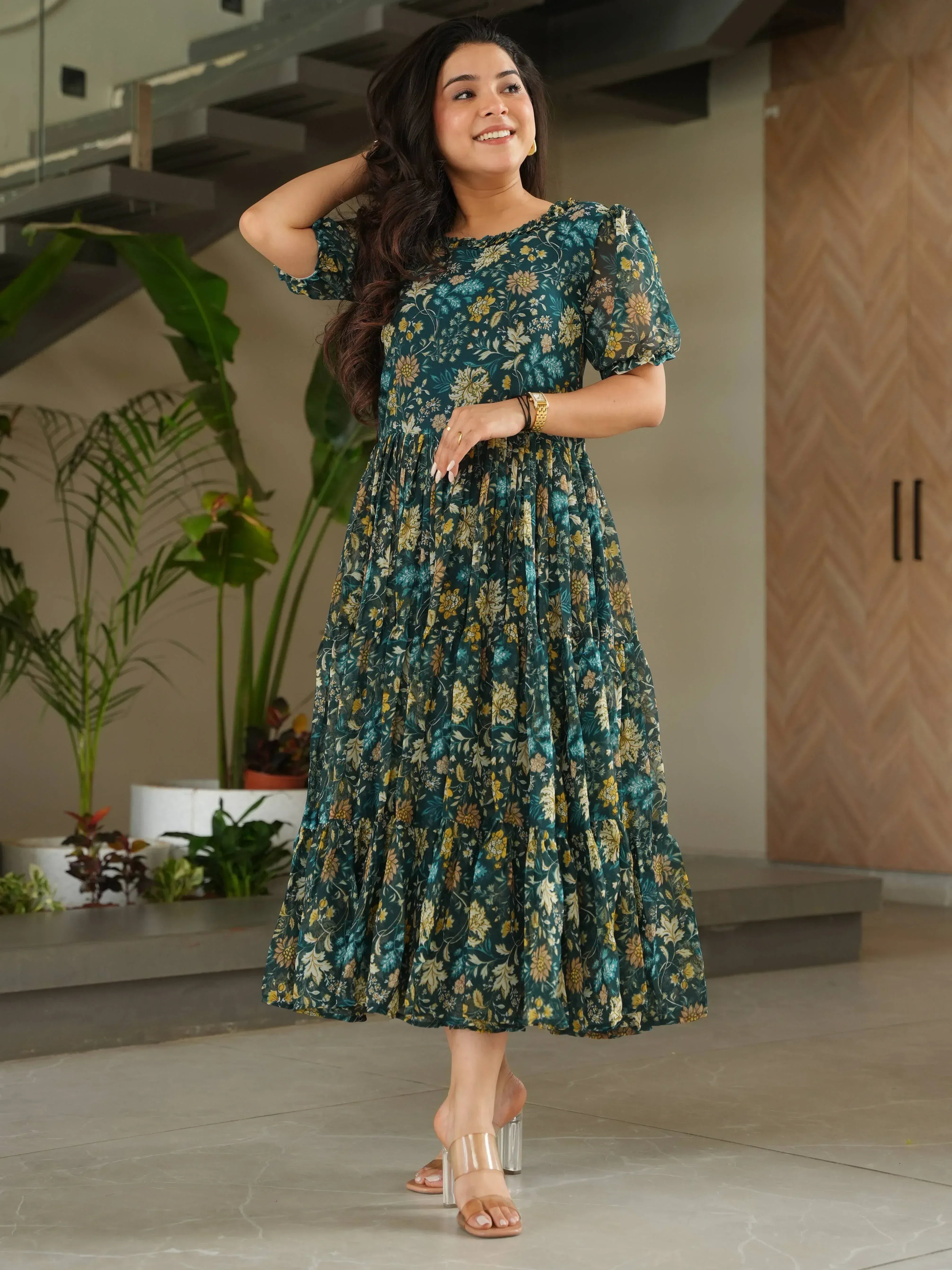 Floral ethnic gown with puff sleeves, perfect for Indian occasions and festive wear
