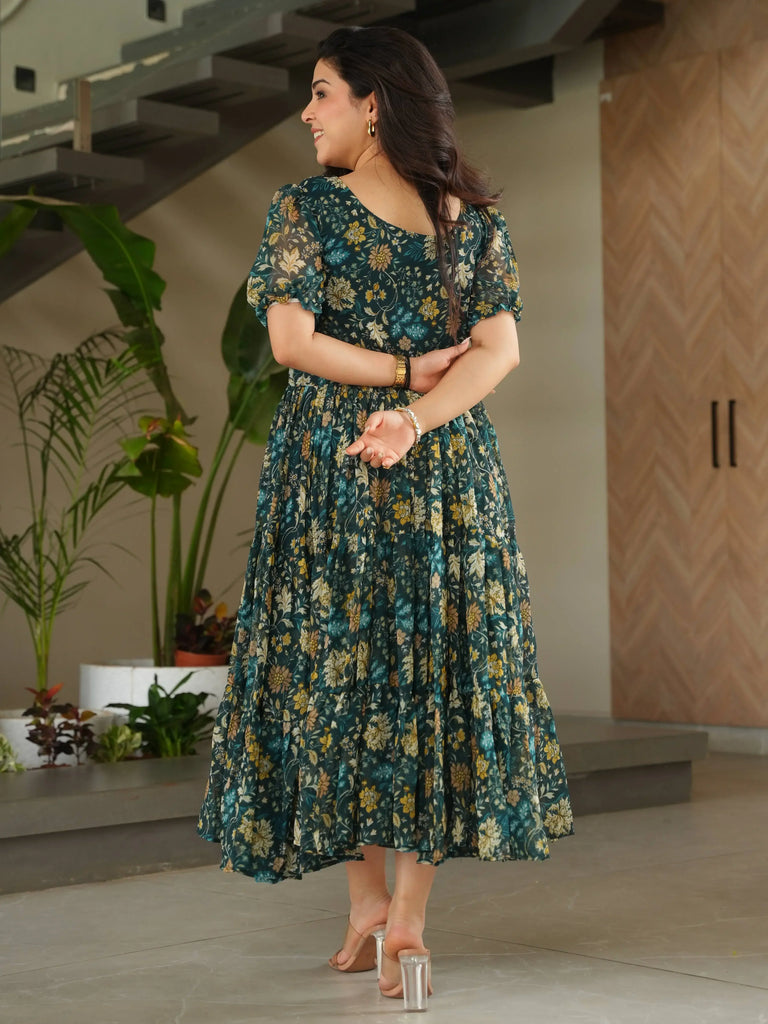 Glamorous Green Floral Printed Georgette Casual Wear Dress