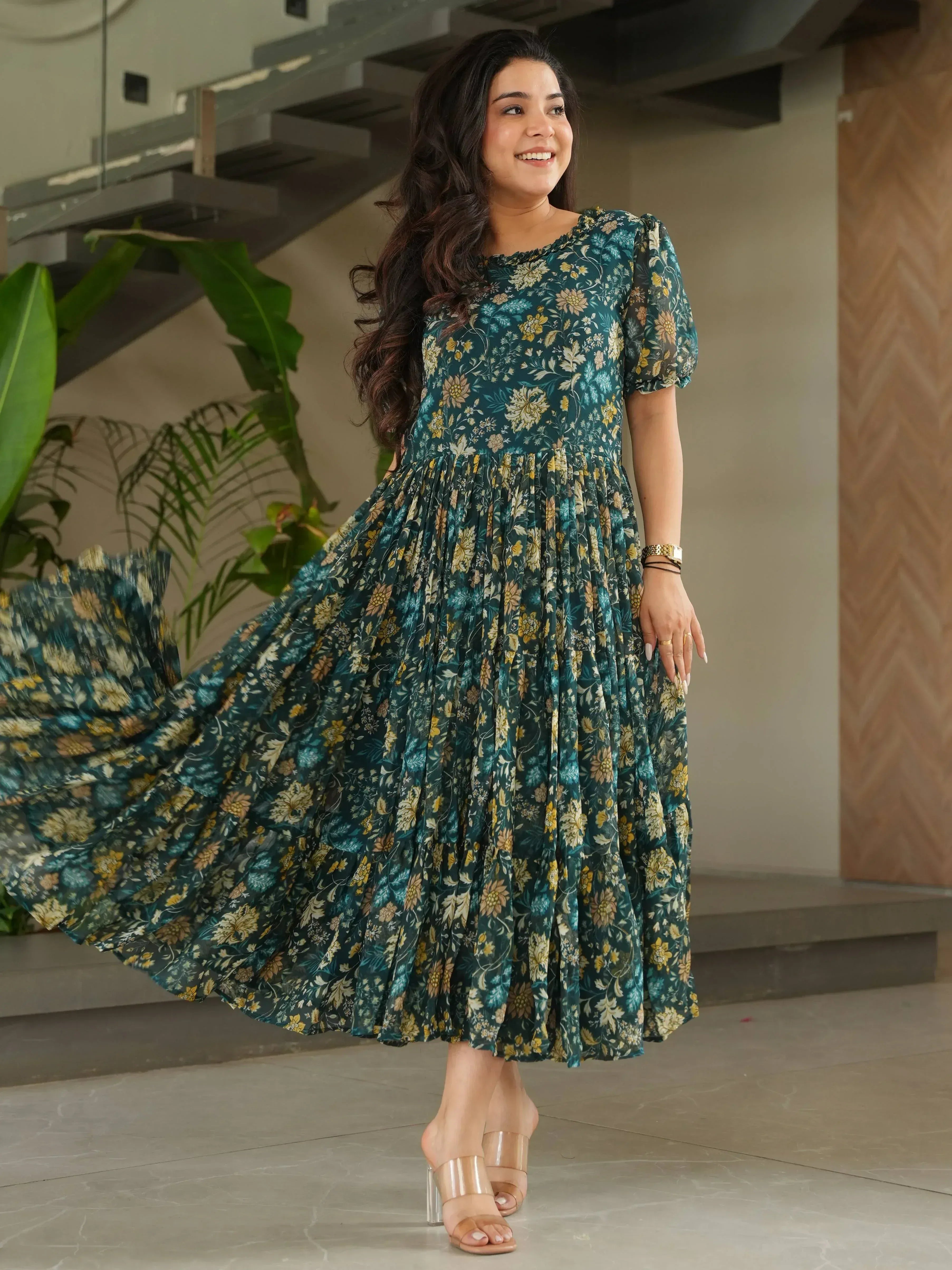 Floral print ethnic gown with puff sleeves, perfect for Indian occasions and festive wear