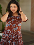 Stunning Brown Floral Printed Georgette Casual Wear Dress