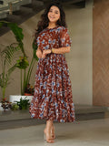 Stunning Brown Floral Printed Georgette Casual Wear Dress