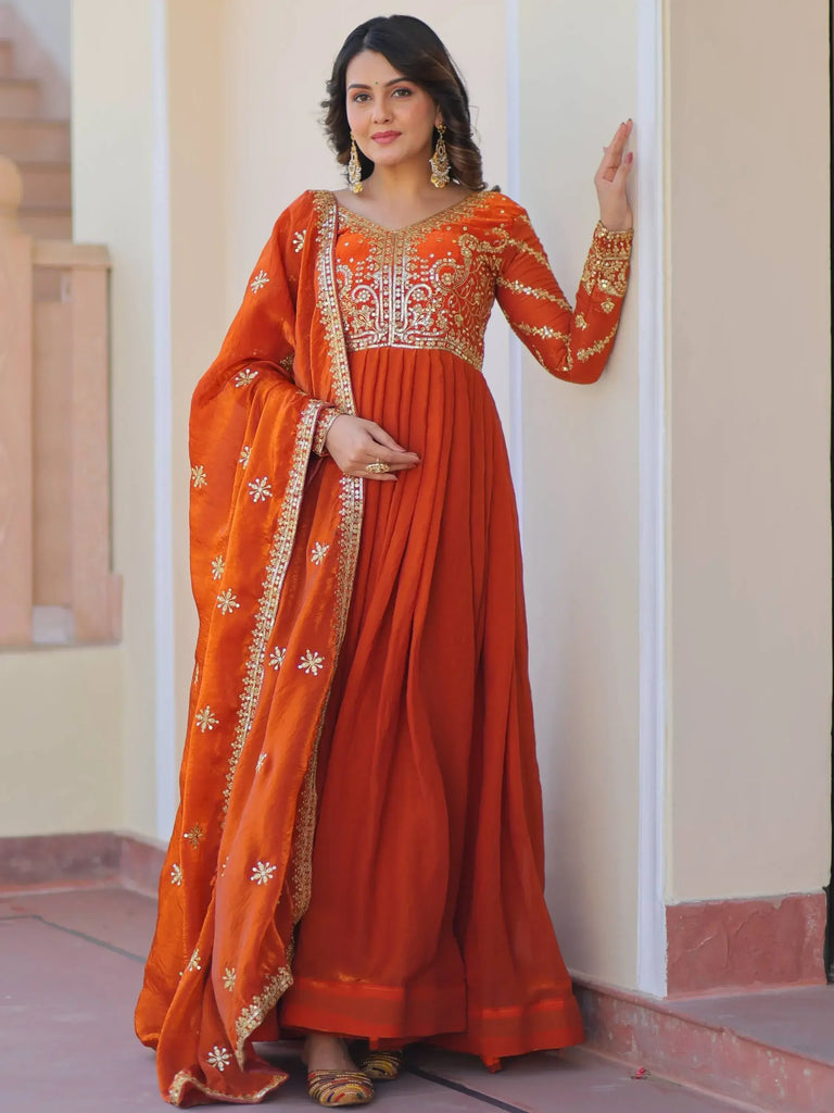 Fantastic Orange Zari Embroidery Organza Event Wear Gown With Dupatta
