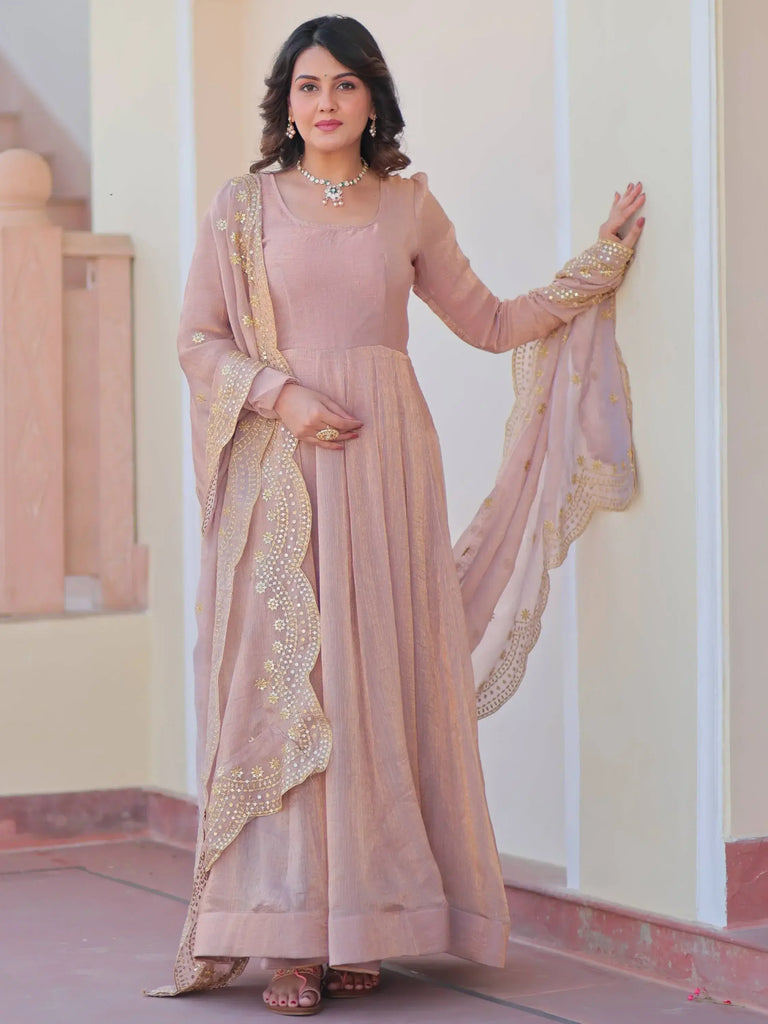 Sweet Brown Chiffon Festive Wear Gown With Sequins Work Dupatta