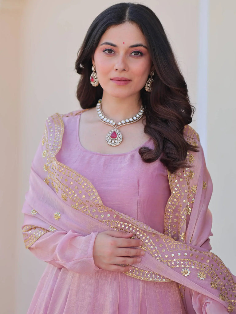 Impressive Pink Chiffon Event Wear Gown With Sequins Work Dupatta