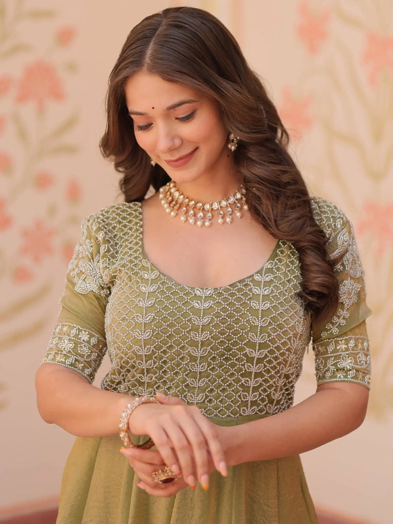 Precious Pista Green Bead Work Organza Festive Wear Gown