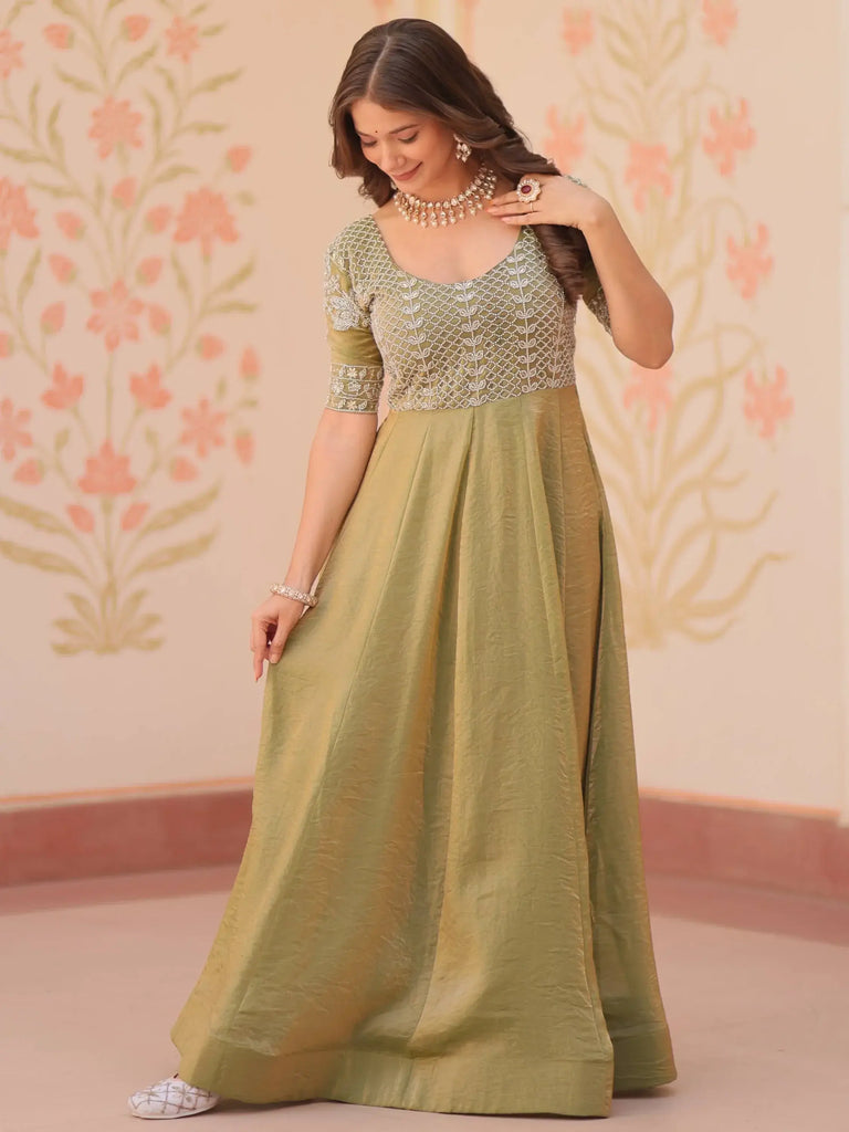Precious Pista Green Bead Work Organza Festive Wear Gown