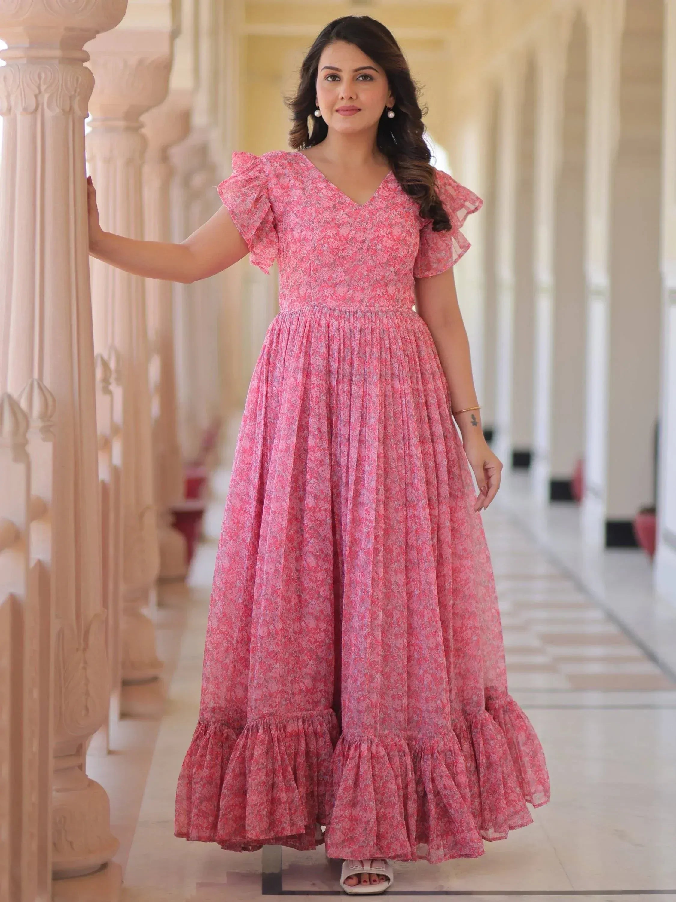 Pink floral ethnic gown with ruffle sleeves and pleated skirt for women