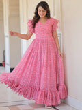 Beautiful Pink Printed Georgette Festive Wear Dress