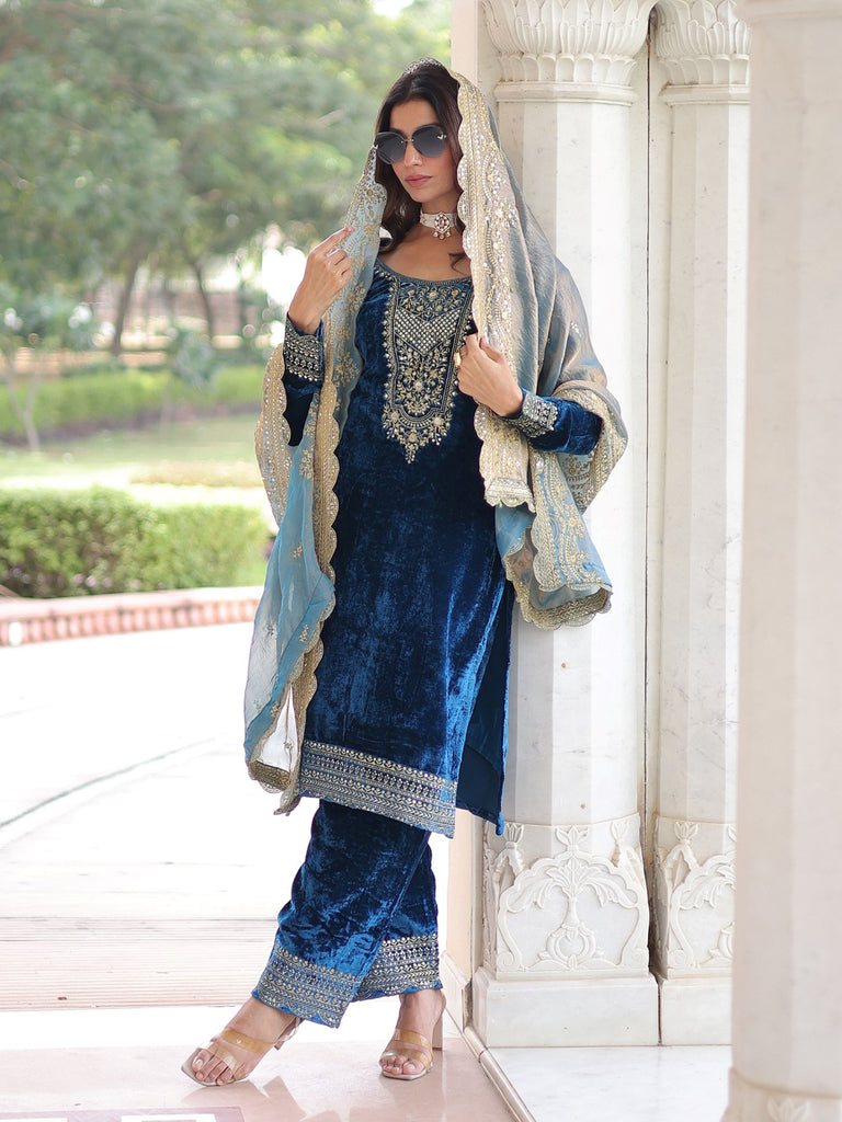 Awesome Blue Sequins Embroidered Velvet Festive Wear Salwar Kameez 