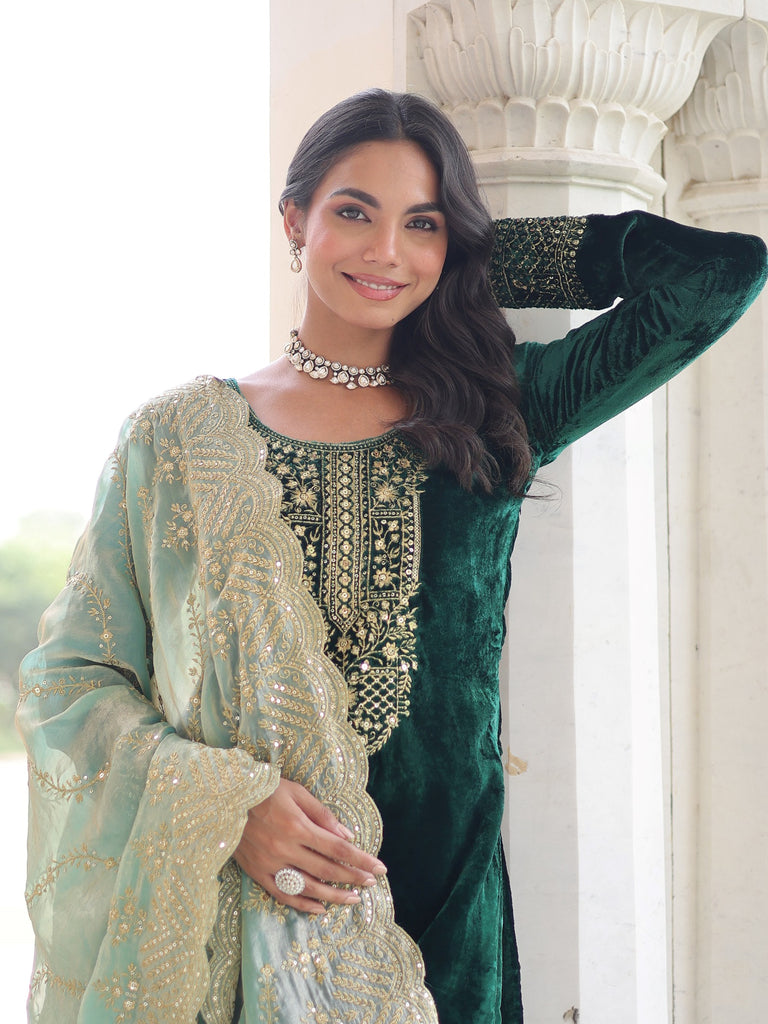 Sweet Green Zari Embroidered Velvet Festive Wear Salwar Kameez 