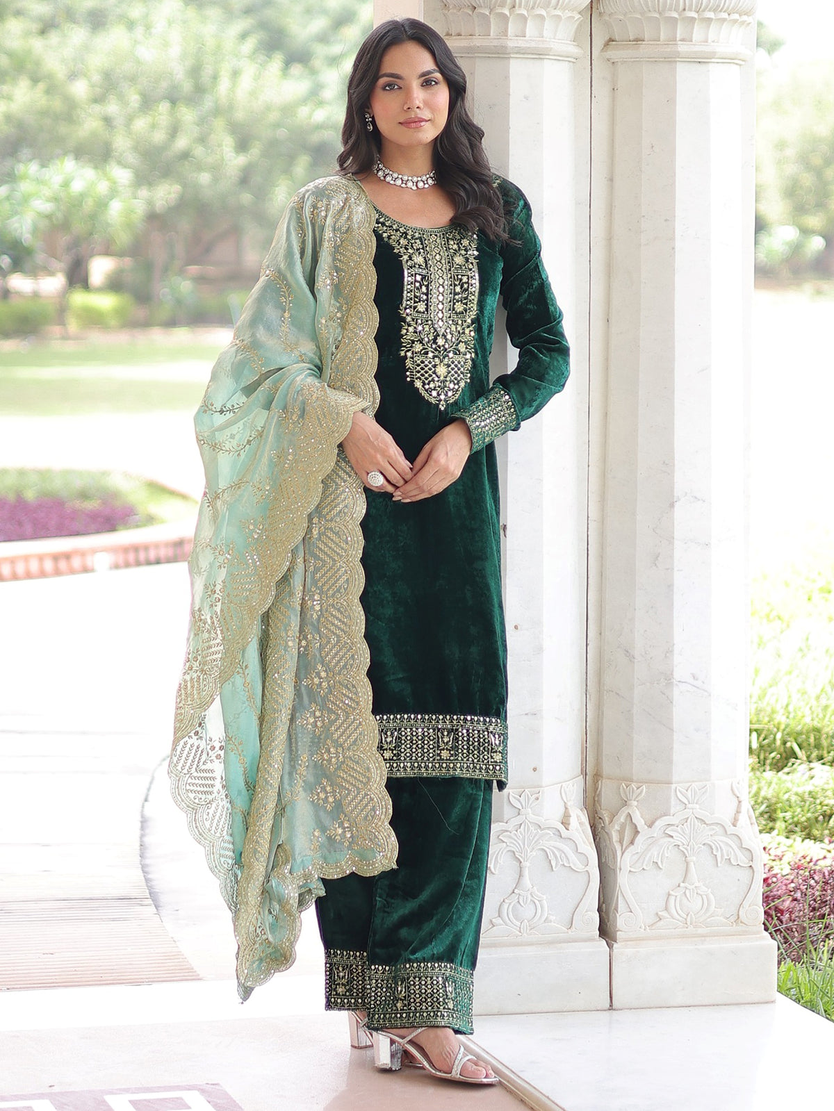 Sweet Green Zari Embroidered Velvet Festive Wear Salwar Kameez 