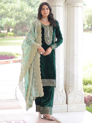 Sweet Green Zari Embroidered Velvet Festive Wear Salwar Kameez 