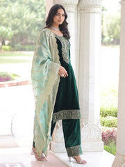 Sweet Green Zari Embroidered Velvet Festive Wear Salwar Kameez 