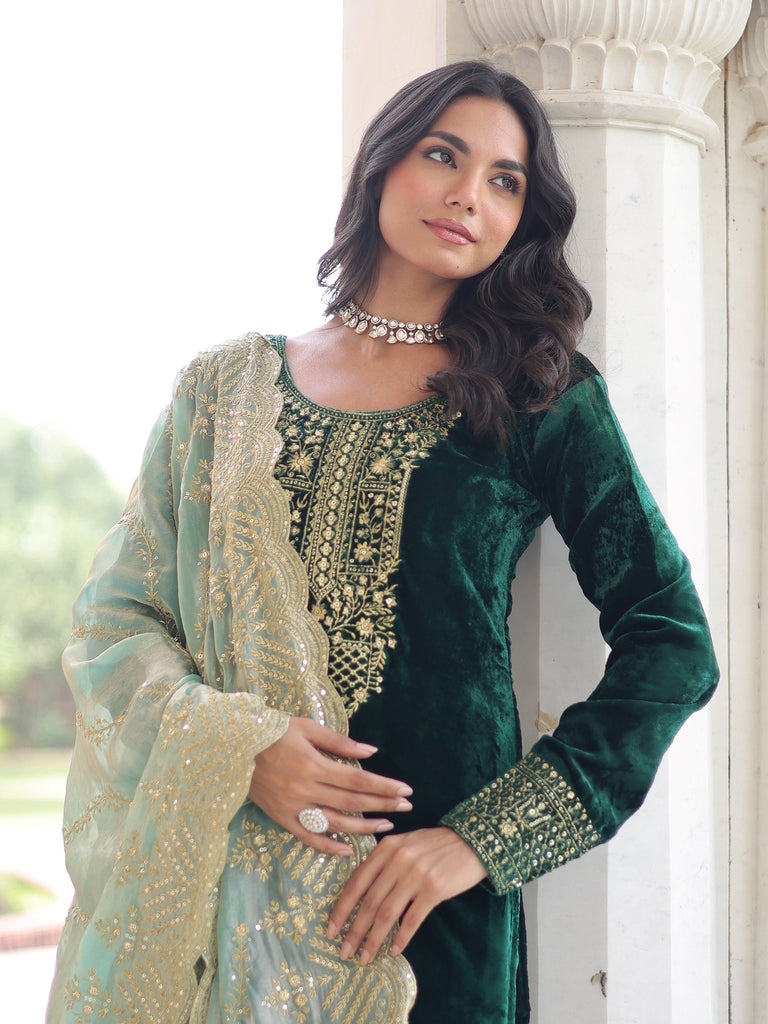 Sweet Green Zari Embroidered Velvet Festive Wear Salwar Kameez 