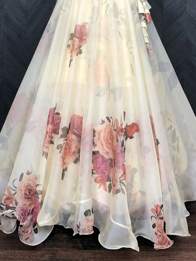 Gorgeous Off-White Floral Printed Organza Party Wear Crop Top Lehenga