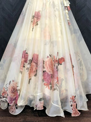 Gorgeous Off-White Floral Printed Organza Party Wear Crop Top Lehenga