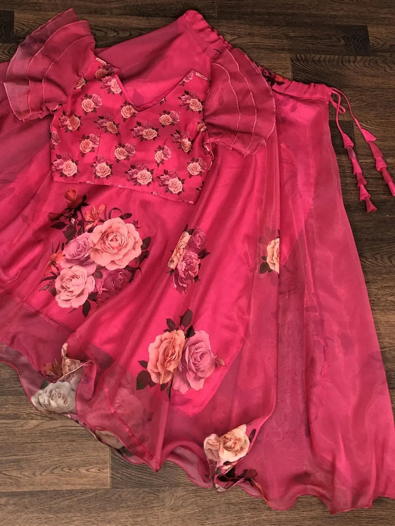 Adorable Rani Pink Floral Printed Organza Designer Crop Top Lehenga