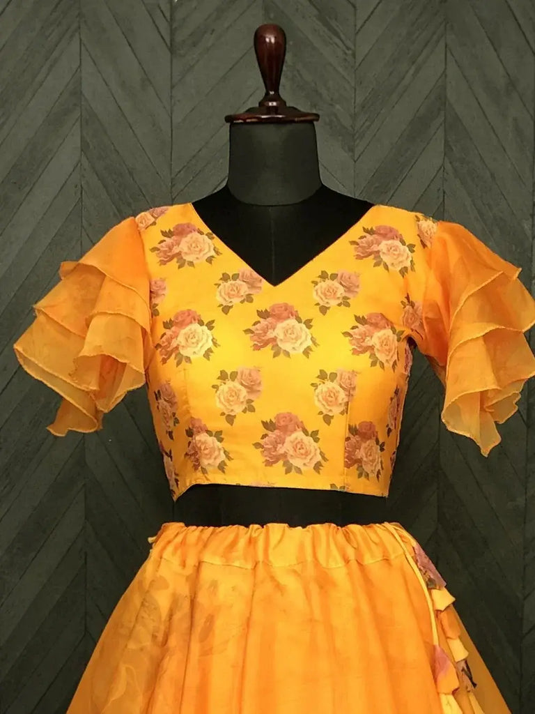 Fascinating Yellow Floral Printed Organza Haldi Wear Crop Top Lehenga