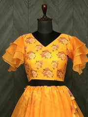 Fascinating Yellow Floral Printed Organza Haldi Wear Crop Top Lehenga